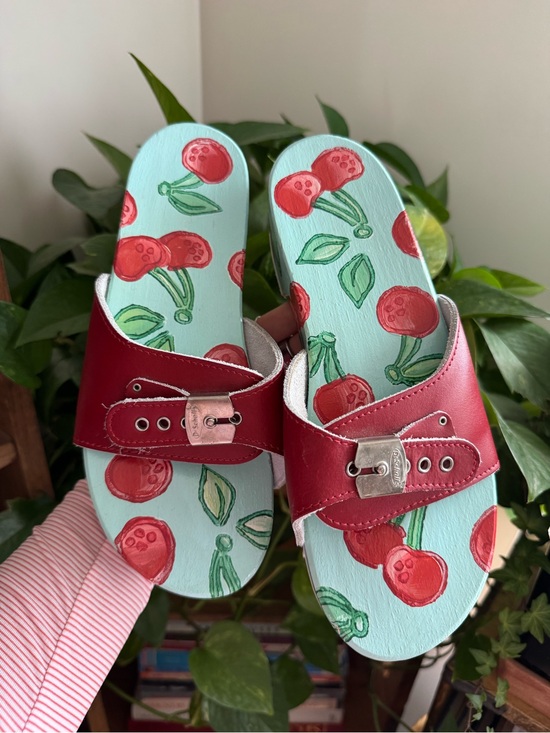 Dr. Scholl's Shoes - Cherry Print Mint Slide Sandals with Red Leather Straps